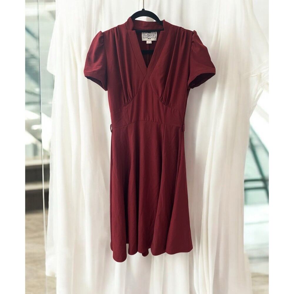 COLLECTIF London Size S~Burgundy SSleeve Vintage Retro Style Vneck Dress-no belt